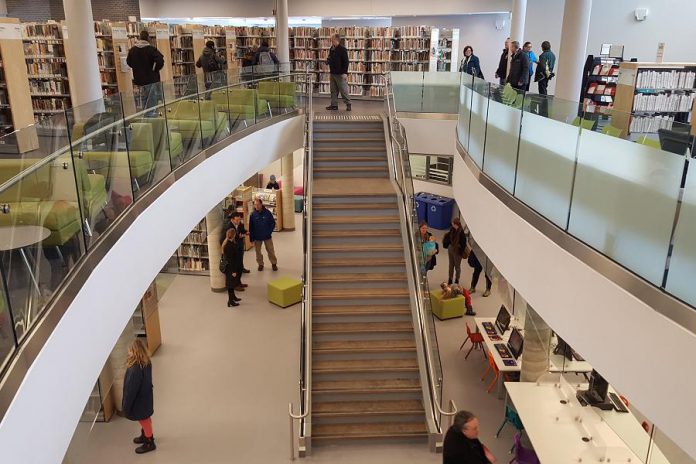 "Library Commons" will be the name of the new public space at the southwest corner of Simcoe and Aylmer streets, part of the City of Peterborough's redevelopment plans for the Peterborough Public Library. Renovations of the library building were completed earlier this year, and the newly renovated library opened to the public on January 30, 2018. (Photo; Jeannine Taylor / kawarthaNOW.com)