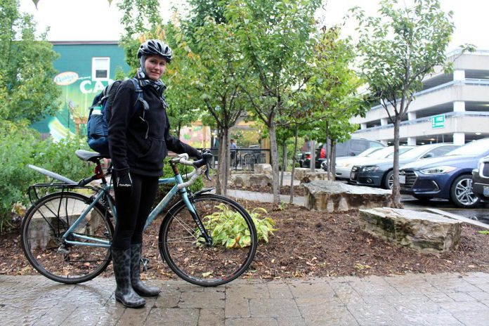 Swapping out a few wardrobe items so that you can comfortably walk, cycle, or take transit can be as easy as adding a pair of rubber boots and a backpack to your spring outfit. Take the time in April to make preparations so that you can be ready to participate in Shifting Gears during the month of May. (Photo courtesy of GreenUP)