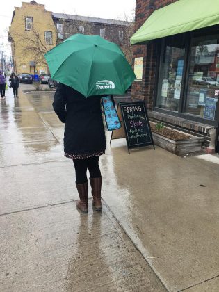 If you are planning to make the shift to walking, make a plan for rainy weather: consider keeping an umbrella at work as well as at home, or toss a small one in your bag in case of unexpected rain. (Photo courtesy of GreenUP)