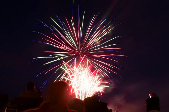 Fireworks over Little Lake in Peterborough at the 2017 Rotary Victoria Day Fireworks and Family Night. (Photo courtesy of Scott Tromley / uphigh.ca)