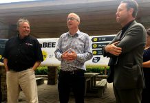 Peterborough Regional Farmers’ Network president Neil Hannam (centre), flanked by Peterborough DBIA executive director Terry Guiel and AON president and CEO Brad Smith, announced Tuesday (May 22) that the group’s new farmers’ market will be located in the Citi-Centre Courtyard off Aylmer Street between Charlotte and King streets in Peterborough. The Peterborough Regional Farmers' Market opens June 9, 2018 and will continue each Saturday morning into the fall. (Photo: Paul Rellinger / kawarthaNOW.com)