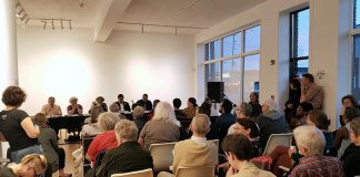 It was a full house at Artspace on May 11, 2018 for ArtsVote 2018, a discussion on the arts featuring four of the candidates vying to become the next MPP for Peterborough-Kawartha. (Photo: Amy Bowen / kawarthaNOW.com)