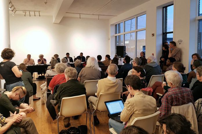 It was a full house at Artspace on May 11, 2018 for ArtsVote 2018, a discussion on the arts featuring four of the candidates vying to become the next MPP for Peterborough-Kawartha. (Photo: Amy Bowen / kawarthaNOW.com)