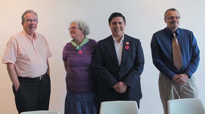 Liberal Party candidate Jeff Leal, Green Party candidate Gianne Broughton, Julia Harrison, NDP candidate Sean Conway, and Trillium Party candidate Rob Roddick before addressing questions at ArtsVote Ontario 2018. Conservative candidate Dave Smith was unable to attend because of a family matter, but provided a written statement, and Jacob Currier of the Libertarian Party provided a short written statement. (Photo: Amy Bowen / kawarthaNOW.com)