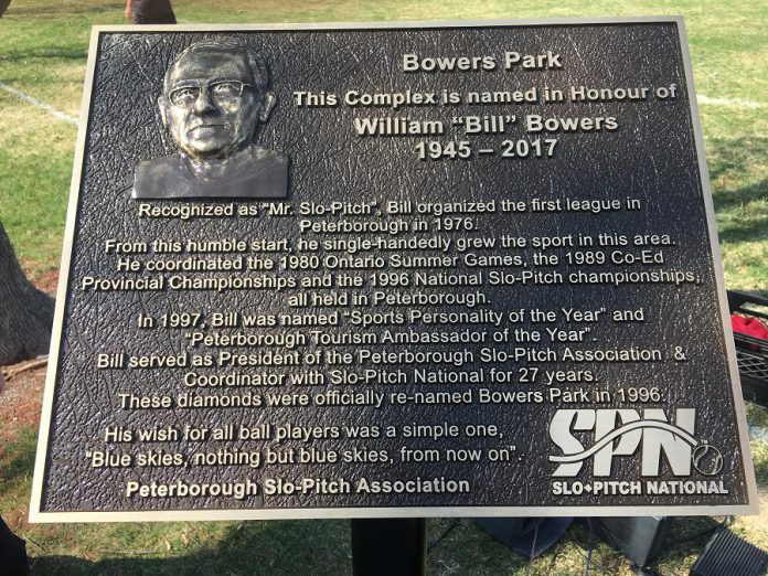 This plaque, which honours Bill Bowers' numerous contributions to slo-pitch at the local, provincial and national levels, was unveiled Wednesday morning (May 2) at Bowers Park off Brealey Drive. The plague was jointly dedicated by Slo-Pitch National, the Peterborough Slo-Pitch Association and the City of Peterborough. The four-diamond ball park it calls home was named after Bowers in 1996. (Photo: Paul Rellinger / kawarthaNOW.com)