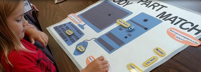 An example of a screen-free activity for kids offered at iMake iMove camps: matching computer parts with their names on a magnetic poster. (Photo courtesy of iMake iMove)