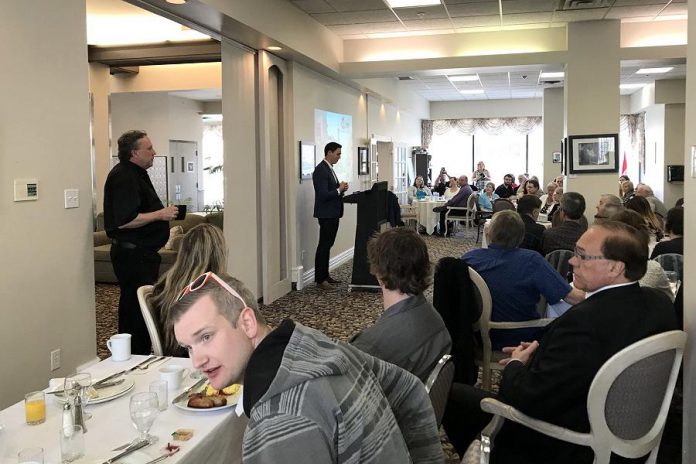 Michael Gallant of LETT Architects shares plans for the Downtown Peterborough Vibrancy Project at the DBIA's May 16, 2018 breakfast meeting as DBIA Executive Director Terry Guiel looks on. (Photo: LETT Architects / Twitter)