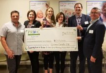 On May 15, 2018, Unimin Canada Ltd. donated $100,000 to the Peterborough Regional Health Centre Foundation in support of the hospital's regional cancer care programs. Pictured from left to right: Mike Bouchard of Unimin Canada Ltd; Lesley Heighway, President & CEO of PRHC Foundation; Charlotte Forster of Unimin Canada Ltd; Dr. Nancy Martin-Ronson, PRHC Vice President, Chief Nursing Executive, and Chief Information Officer; Alex Vanags of Unimin Canada Ltd; and Shane McShane of, Unimin Canada Ltd. (Photo courtesy of PRHC Foundation)