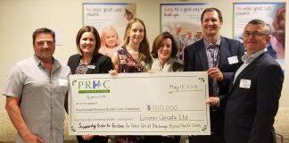 On May 15, 2018, Unimin Canada Ltd. donated $100,000 to the Peterborough Regional Health Centre Foundation in support of the hospital's regional cancer care programs. Pictured from left to right: Mike Bouchard of Unimin Canada Ltd; Lesley Heighway, President & CEO of PRHC Foundation; Charlotte Forster of Unimin Canada Ltd; Dr. Nancy Martin-Ronson, PRHC Vice President, Chief Nursing Executive, and Chief Information Officer; Alex Vanags of Unimin Canada Ltd; and Shane McShane of, Unimin Canada Ltd. (Photo courtesy of PRHC Foundation)