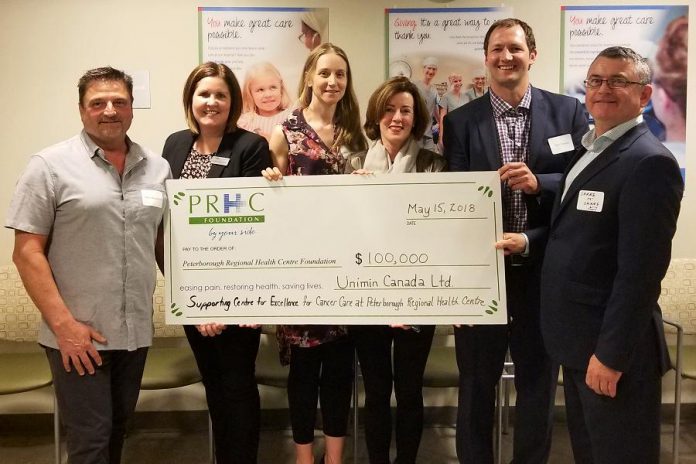 On May 15, 2018, Unimin Canada Ltd. donated $100,000 to the Peterborough Regional Health Centre Foundation in support of the hospital's regional cancer care programs. Pictured from left to right: Mike Bouchard of Unimin Canada Ltd; Lesley Heighway, President & CEO of PRHC Foundation; Charlotte Forster of Unimin Canada Ltd; Dr. Nancy Martin-Ronson, PRHC Vice President, Chief Nursing Executive, and Chief Information Officer; Alex Vanags of Unimin Canada Ltd; and Shane McShane of, Unimin Canada Ltd. (Photo courtesy of PRHC Foundation)