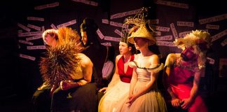 In costumes designed by Kate Story, 'The First Celestial Adventure of Mr. Antipyrine, Fire Extinguisher' features Lindy Finlan as the pregnant woman, Derek Bell as the director/Mr. Bangbang, Kelsey Powell as Mr. Bluebell, Naomi Duvall as the parable, Robyn Smith as Pipi, and Chris Jardin at Mr. Shriekshriek. Not pictured: Dan Smith and Laura Thompson. (Photo: Andy Carroll)