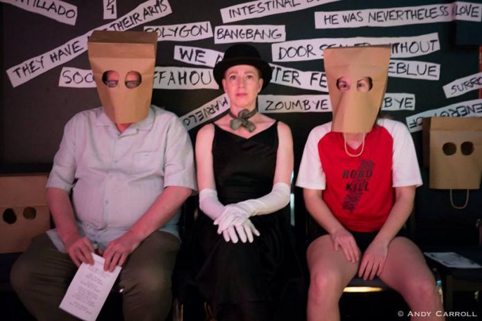 kawarthaNOW's theatre reviewer Sam Tweedle gets into the spirit of the play by wearing a paper bag mask on his face along with a bag-wearing Lindsay Unterlander (right) and the play's costumer, the unmasked Kate Story. (Photo: Andy Carroll)