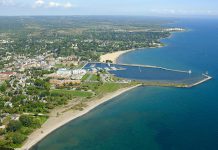 An aerial view of Cobourg's West Beach, where the body of 32-year-old Ryan Zinke of Cobourg was recovered on May 9, 2018.