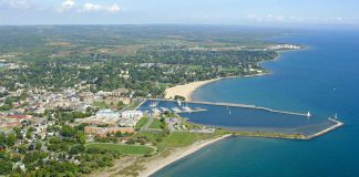 An aerial view of Cobourg's West Beach, where the body of 32-year-old Ryan Zinke of Cobourg was recovered on May 9, 2018.