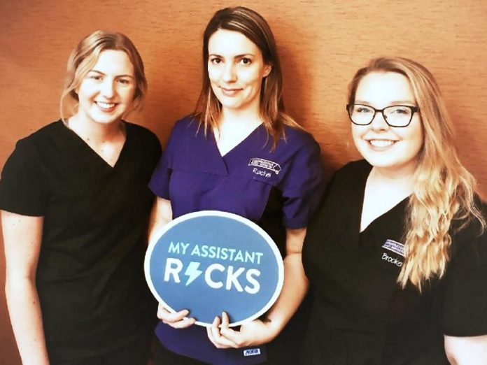 Dental assistants also make up the Cornerstone Family Dentistry support team, including Emily Humphries, Rachel Blewett and Brooke Steckley, who perform many tasks, ranging from providing patient care to taking x-rays to record-keeping, and much more. (Photo courtesy of Cornerstone Family Dentistry)