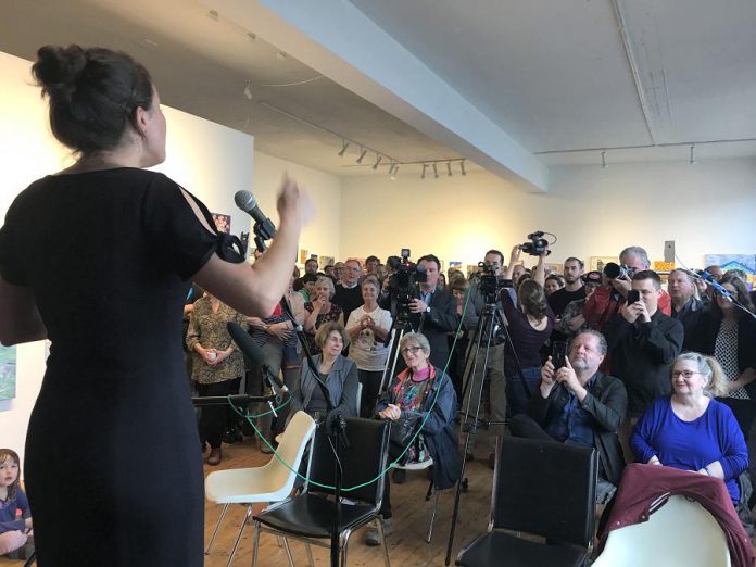 A large crowd gathered at Artspace Thursday (May 3) to hear city councillor Diane Therrien announce she is seeking election as Peterborough's mayor. The municipal election is scheduled for Monday, October 22.  (Photo: Paul Rellinger / kawarthaNOW.com)