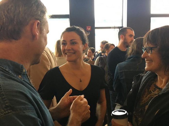 Dianne Therrien supporters were anxious to meet with the Peterborough mayoralty candidate following her election campaign announcement Thursday (May 3) at Artspace.  (Photo: Paul Rellinger / kawarthaNOW.com)