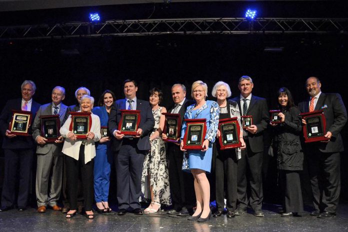 The inductees of the 2017 Junior Achievement of Peterborough, Lakeland, Muskoka Business Hall of Fame. This year's 11 inductees (Monika Carmichael, Sally Harding, Paul Bennett, Alf and June Curtis, Robert Gauvreau, Paschal McCloskey, Carl Oake, John James (Jack) Stewart, and John A. McColl and James. H. Turner) will be honoured at the induction ceremony and dinner on May 24, 2018 at The Venue in downtown Peterborough. (Photo: Niki Allday Photography)