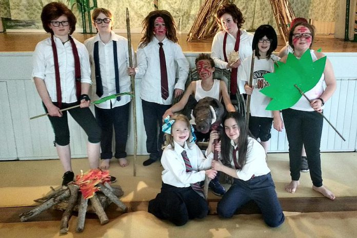 The main cast of "Lord of the Flies: The Musical" includes Helen Genge, Laura Cassidy-Lobb, Chaiora Haylestrom, Dakota Pukarowski-Brown, Jack Greer, Hannah Paddison, Ava Rutherford, Kelsey Scott, Anna Genge, and Cate Adams.  The cast is made up of kids between the ages of nine and 15 from Norwood, Hastings, and Warkworth.  (Photo: Sam Tweedle / kawarthaNOW.com)