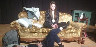 In "My In "My Heart's A Suitcase", Anwen O'Driscoll (right) plays Chris, an angrily impoverished waitress who shares a flat with Hannah (Ilan O'Driscoll), a philosophical ceramics teacher in the early stages of multiple sclerosis. The role of Hannah will also be performed by Mackenzie Kruyf (not pictured) on different nights of the play, which has a five-performance run at Lindsay Little Theatre until May 27. (Photo: Sam Tweedle / kawarthaNOW.com)Heart's A Suitcase", Anwen O'Driscoll (right) plays Chris, an angrily impoverished waitress who shares a flat with Hannah (Ilan O'Driscoll), a philosophical ceramics teacher in the early stages of multiple sclerosis. The role of Hannah will also be performed by Mackenzie Kruyf (not pictured) on different nights of the play, which has a five-performance run at Lindsay Little Theatre until May 27. (Photo: Sam Tweedle / kawarthaNOW.com