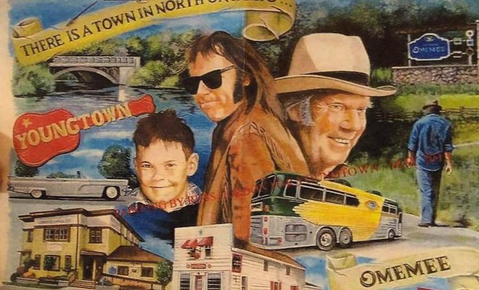 An illustration of a Neil Young themed mural.  (Photo: Omemee Downtown Revitalization Group / Facebook)