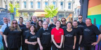 Representatives of the Peterborough DBIA, the Warming Room, the City of Peterborough, and other partners at the May 29, 2018 announcement of "One City Peterborough", a two-pronged pilot program running over the summer that will see vulnerable people hired to help clean the streets of downtown Peterborough and two full-time outreach workers to assist people downtown, particularly those facing homelessness, social exclusion, and mental health issues. (Photo: Peterborough DBIA)
