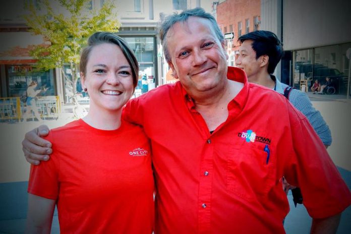 Peterborough DBIA executive director Terry Guiel with Hannah Thackeray, one of the two outreach workers from Warming Room Community Ministries who will be on downtown Peterborough streets this summer to provide both help for people facing homelessness, social exclusion, and mental health issues as well as support for local businesses. The "One City Peterborough" pilot program will run from June 1 to September 30, 2018. (Photo: Terry Guiel)