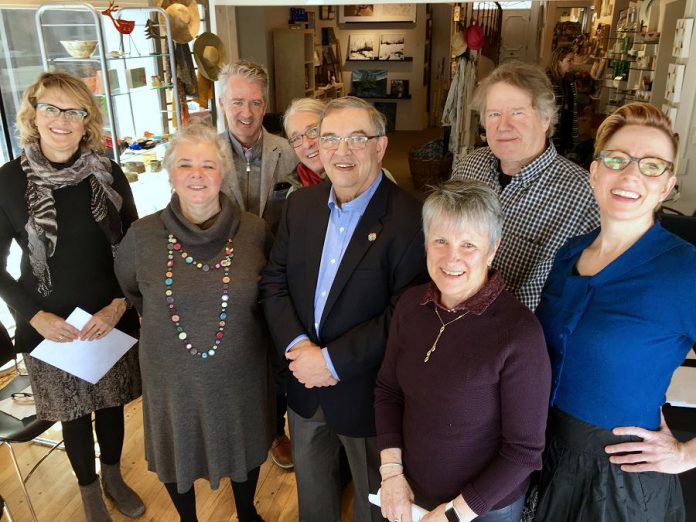 At the sold-out Mayor's Luncheon for the Arts on May 25, 2018, the inaugural Peterborough Arts Awards will be presented to recognize outstanding achievement in the arts. The awards were conceived by the late Liz Bierk and Su Ditta (second from left), championed by LLF Lawyers partner and photographer Bill Lockington (front centre), and have been sponsored over five years by (from left to right) Merit Realty Limited (represented by by Shelley Barrie), BrandHealth (represented by Paul Hickey), Kate and Alex Ramsay (represnted by Kate Ramsay, behind Bill Lockington), and Betty and Bill Morris (represented by Betty Morris). Also pictured are Bill Kimball of Public Energy (the charitable trustee for the Peterborough Arts Awards) and writer and performer Kate Story. Not pictured: sponsor Paul Bennett of Ashburnam Realty. (Photo: Tammy Thorne / kawarthaNOW.com)