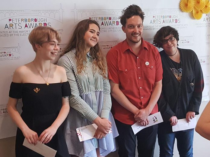 Alex Bierk with three of the recipients of the Bierk Art Fund Bursary Awards, named in honour of his late mother Liz Bierk. (Photo: Jeannine Taylor / kawarthaNOW.com)