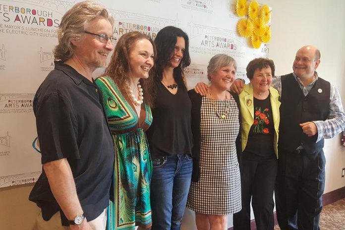 The six recipients of the Peterborough Arts Awards: Robert Winslow, Melody Thomas, Leanne Betasamosake Simpson, Krista English, Beth McMaster, and Brad Brackenridge. The inaugural awards were presented on May 25, 2018, at The Mayor's Luncheon for the Arts in Peterborough. (Photo: Jeannine Taylor / kawarthaNOW.com)