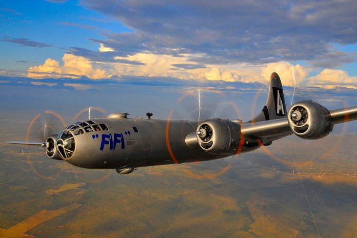 The B-29 Superfortress Bomber known as "Fifi", one of the last two flying B-29s, will be at the Peterborough Airport from July 30 to August 5, 2018. Designed by Boeing, the four-engine propeller-driven heavy bomber was flown primarily by the United States during World War II and the Korean War. It was one of the largest aircraft operational during World War II and featured state-of-the-art technology at the time. (Photo: Arizona Commemorative Air Force Museum)