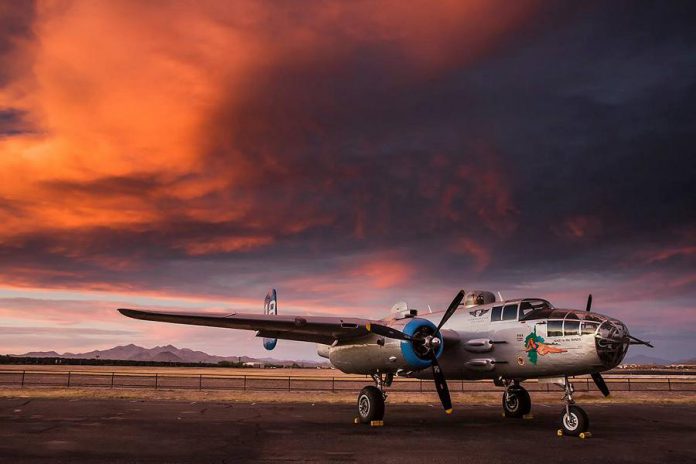 The B-25 Bomber known as "Maid in the Shade", one of only 34 B-25s still flying today, will be at the Peterborough Airport from July 23 to 30, 2018. The B-25 was manufactured by North American Aviation as a low-altitude bomber, and versions of the aircraft were used extensively in the European and Pacific theatres during World War II. (Photo: Arizona Commemorative Air Force Museum)