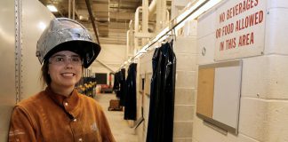 Maddy Paulson-Carlin, a student at St. Thomas Aquinas Catholic Secondary School in Lindsay, is working towards her high school diplomas while learning the skilled trade of welding through the Ontario Youth Apprenticeship Program. (Photo: Galen Eagle / PVNC Catholic District School Board)