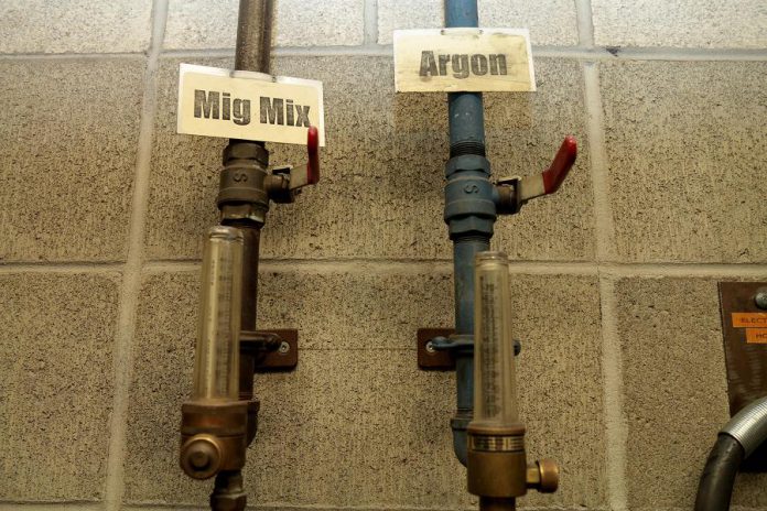 Gas lines for metal inert gas (MIG) welding and tungsten inert gas (TIG) welding in the Weld Shop at at Durham College's Whitby Trade Centre. Partly inspired by the enthusiasm of students to learn welding, the Peterborough Victoria Northumberland Clarington Catholic District School Board is currently installing 36 new and fully equipped welding booths across its six secondary schools. (Photo: Galen Eagle / PVNC Catholic District School Board)