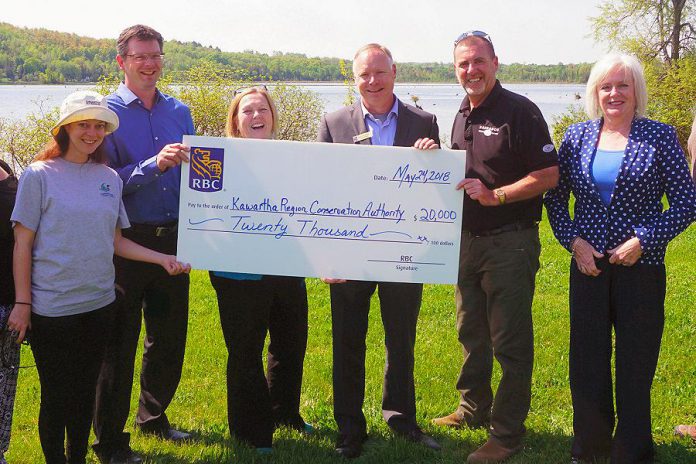 City of Kawartha Lakes staff and council members joined Kawartha Conservation and RBC staff for a cheque presentation on May 24, 2018, at the Omemee Beach. Pictured are: Emily Johnston, Kawartha Conservation Stewardship Outreach Technician; Mark Majchrowski, Kawartha Conservation CAO; Nancy Lee, RBC Group Services Representative; Doug Richardson, RBC Lindsay Branch Manager; Andy Letham, Mayor of the City of Kawartha Lakes Mayor; and Mary Ann Martin, Kawartha Lakes Ward 15 Councillor. Not pictured: Jenn Johnson, City of Kawartha Lakes Parks, Recreation and Culture Division Manager; Kristie Virgoe, Kawartha Conservation Director of Stewardship and Conservation Lands; Mike Goodhand, Kawartha Lakes Area Parks Supervisor. (Photo courtesy of Kawartha Conservation)