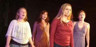 In "Buffy the Vampire Slayer: Once More, with Feeling" at The Theatre On King in downtown Peterborough from May 31 to June 2, 2018, director Samantha Mansfield and her company recreate 16 songs from the beloved musical episode of the popular TV series from the 1990s. Pictured are Samantha Mansfield as Tara, Alison Woodock as Willow, Sam Leigh as Buffy. and Quinn Brunet as Anya performomg 'Walk Into the Fire'. (Photo: Sam Tweedle / kawarthaNOW.com)