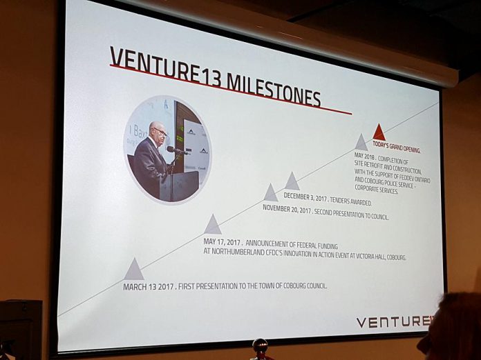 The grand opening celebration of Venture13 on May 17, 2018 also included a presentation of the innovation and entrepreneurship centre's development. (Photo: Jeannine Taylor / kawarthaNOW.com)