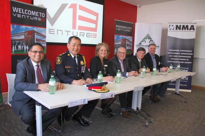 Collaboration between partners has been at the foundation of Venture13. Pictured are: Dereck Paul, President & CEO, Lakefront Utility Services Inc.; Kai Liu, Police Chief, Cobourg Police Service; Wendy Curtis, Executive Director of the Northumberland Community Futures Development Corporation; Gil Brocanier, Mayor, Town of Cobourg; Stephen Peacock, Chief Administrative Officer for The Town of Cobourg; and Phil Mandryk, President, Northumberland Makers. (Photo: Jeannine Taylor / kawarthaNOW.com)