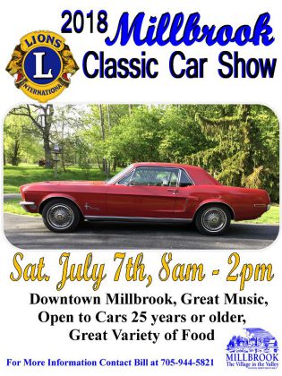 The 2018 Millbrook Classic Car Show takes place from 8 a.m. to 2 p.m. on Saturday, July 7th in downtown Millbrook.