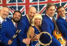 Singer Leisa Way with members of The Lonely Hearts Club Band (Fred Smith, Sam Cino, Bruce Ley, Bobby Prochaska, and Nathan Smith) in "Across the Pond: The British Invasion", which runs from June 26th to July 7th at Globus Theatre at Lakeview Arts Barn in Bobcaygeon. (Photo: Way-To-Go Productions)