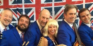 Singer Leisa Way with members of The Lonely Hearts Club Band (Fred Smith, Sam Cino, Bruce Ley, Bobby Prochaska, and Nathan Smith) in "Across the Pond: The British Invasion", which runs from June 26th to July 7th at Globus Theatre at Lakeview Arts Barn in Bobcaygeon. (Photo: Way-To-Go Productions)