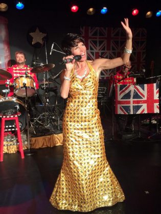 In "Across the Pond: The British Invasion", Leisa Way as Shirley Bassey sings the theme from the 1964 James Bond movie "Goldfinger", the film that began the tradition of Bond theme songs introduced over the opening title sequence. (Photo: Way-To-Go Productions)