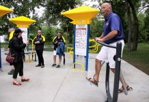 Ken Tremblay, incoming President of the Rotary Club of Peterborough, tries out a piece of equipment at Peterborough's first adult outdoor gym at the official opening on June 13, 2018 at Beavermead Park. The Rotary Club of Peterborough and the Rotary CLub of Peterborough Kawartha each contributed $25,000 to the gym's construction, with the City of Peterborough contributing $40,000. (Photo: Jeannine Taylor / kawarthaNOW.com)