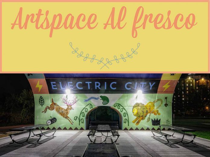 Artspace's Al Fresco event takes place under the mural-covered arches of Hunter Street Bridge. (Graphic: Artspace / Photo: City of Peterborough)