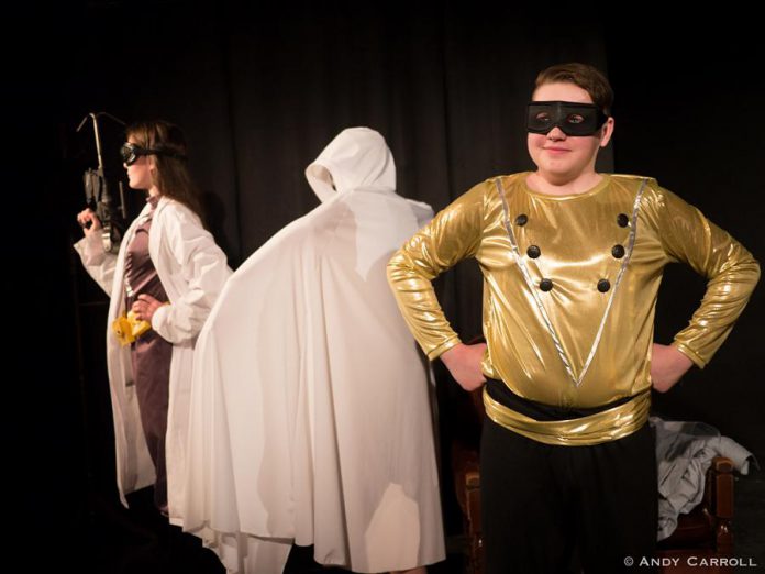 Samuelle Weatherdon as Test Tube, Aimee Gordon as Boo, and Tyrnan O'Driscoll as Shiny the Golden Boy. (Photo: Andy Carroll)