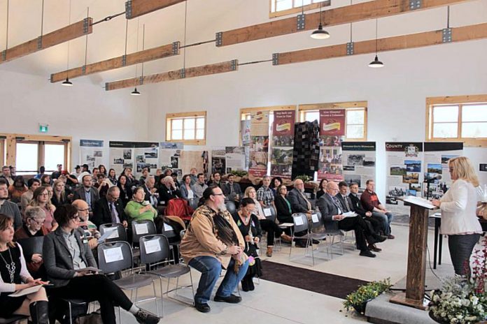 The crowd in the Great Hall of the Peterborough County Agricultural Heritage Building for the 3rd annual Sustainable Peterborough Partnership Recognition Awards on April 18, 2018. This was the first event to be hosted in the new building, which is available for rent for weddings, conferences, meetings, music events, and more.  (Photo courtesy of Peterborough County)