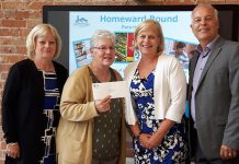 Peterborough Housing Corporation CEO Darlene Cook and Homeward Bound manager Marnie Watson receive a cheque for $20,000 from Community Foundation of Greater Peterborough board chair Diane Richard and executive director John Good. Led by Peterborough Housing Corporation, Homeward Bound helps inadequately housed or homeless mother-led families achieve self-sufficiency. (Photo: Community Foundation of Greater Peterborough)