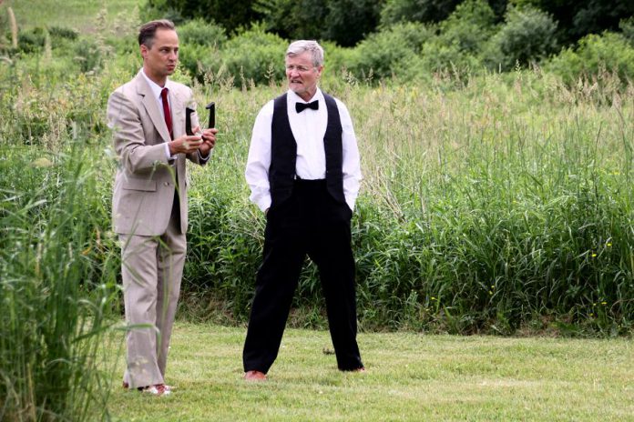 Robert Winslow (right) as a rural doctor who opens the first telephone service in fictitious Crow Hill, with Courtenay Stevens as Ed Milton, a fast-talking salesman who makes a bid to open a rival telephone company. (Photo: Jeannine Taylor / kawarthaNOW.com)