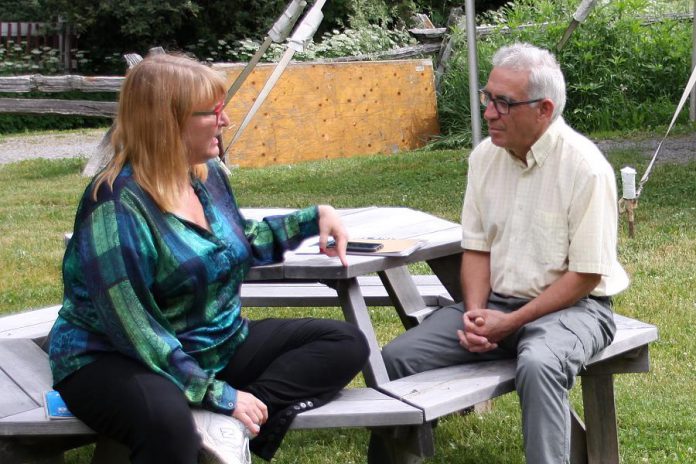 Director Deb Williams chats with kawarthaNOW's Paul Rellinger. She's the third different director of the play, with Susan Spicer having guided the original staging in 1997 and 4th Line Theatre managing artistic director Kim Blackwell doing the same in 2004. (Photo: Jeannine Taylor / kawarthaNOW.com)