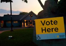 The sun sets behind the Lions Community Centre in Peterborough's East City a few minutes before the polls closed for the Ontario election on June 7, 2018. (Photo: Bruce Head / kawarthaNOW.com0